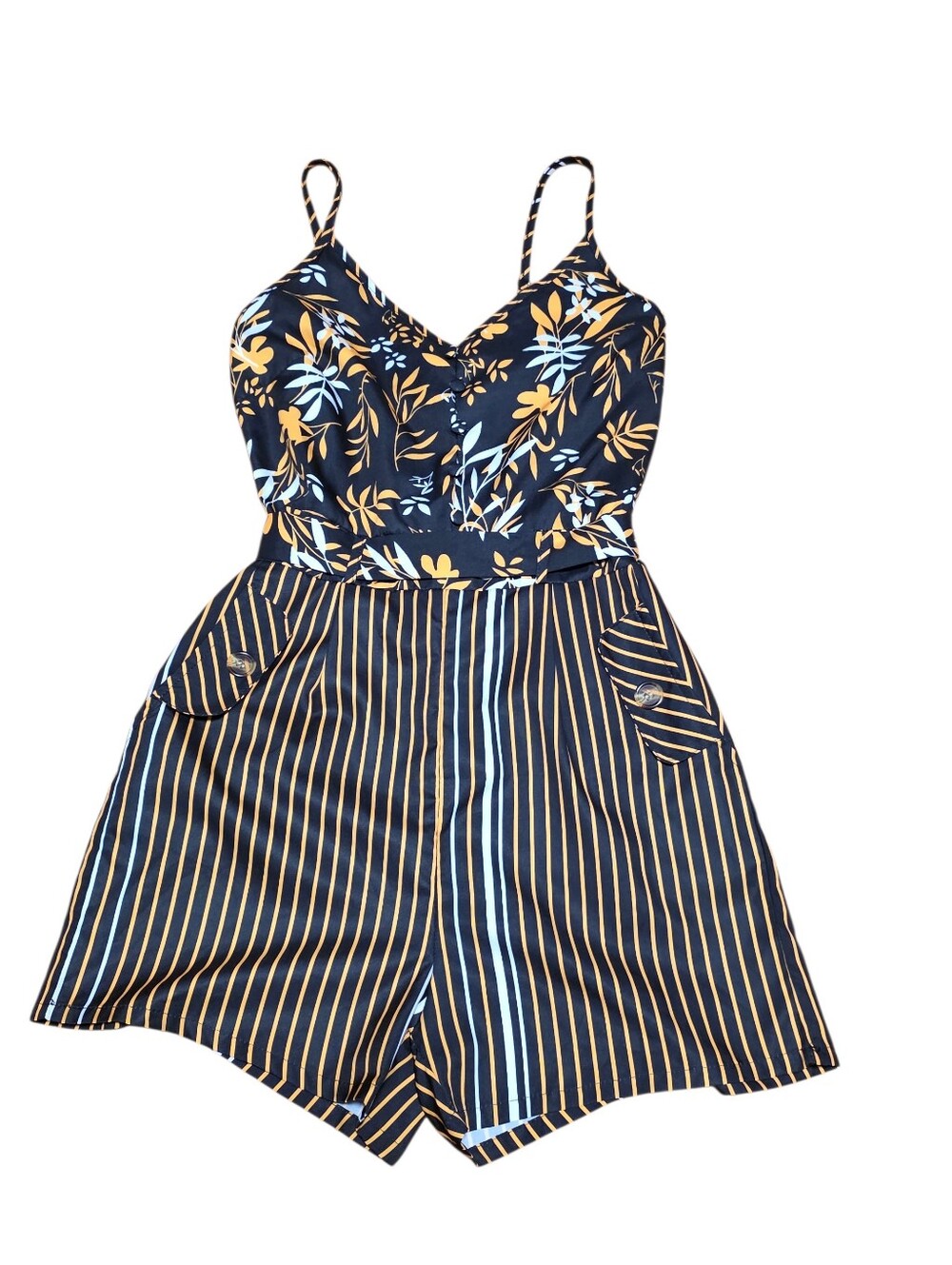 Mixed Stripe & Floral Print Sleeveless Belted Boho Romper Pockets Size S EUC